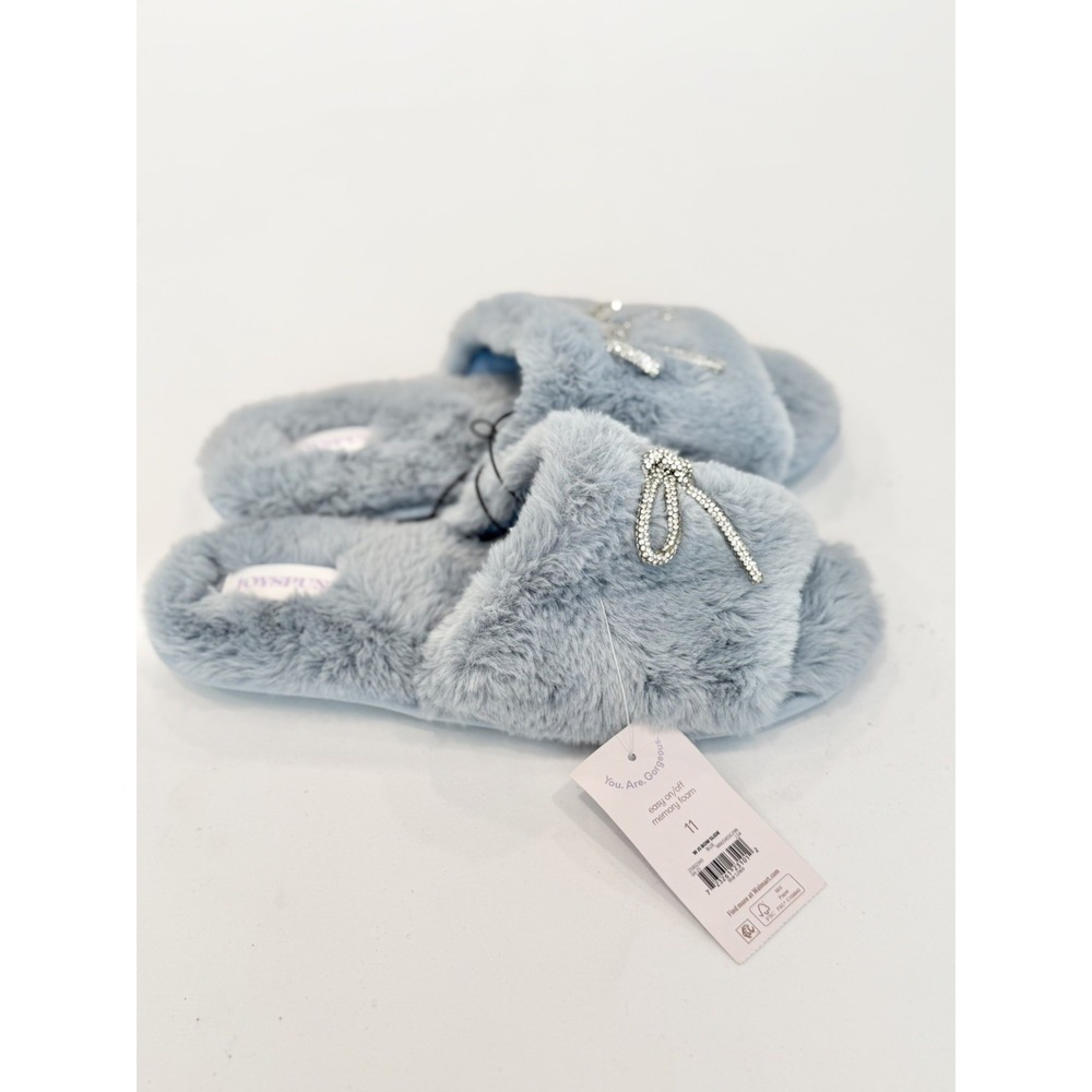 Joyspun Memory Foam Women's 11 Blue Sparkle Bow Slide Slipper House Shoes gift